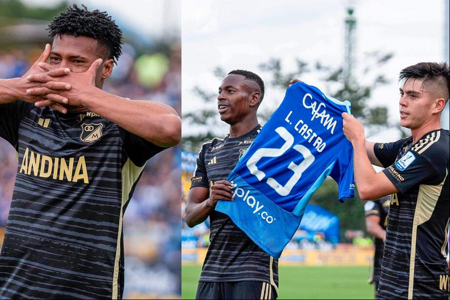 Luis Marimón y Kevin Palacios celebran sus goles contra Fortaleza en el estadio de Techo.