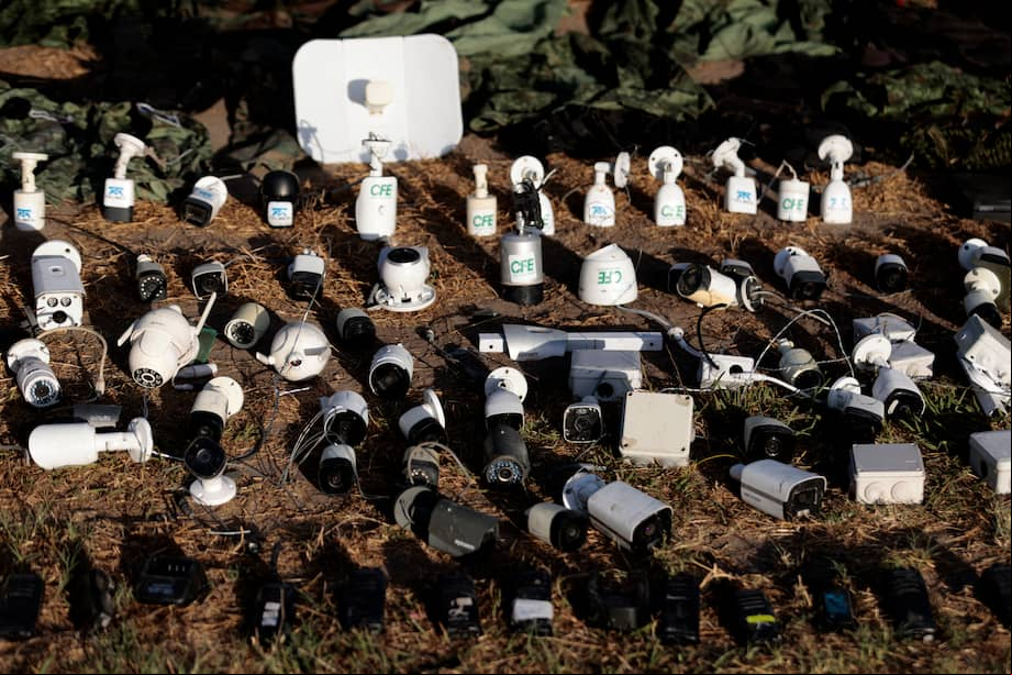 Seized video recording and satellite cameras are pictured after a combined operation against drug cartels in Tlaquepaque, Jalisco State, Mexico on February 13, 2025. According to local authorities, during a combined operation against drug cartels, four alleged criminals were arrested and the authorities seized material to make explosives, chemical precursors, video surveillance cameras, tactical equipment, and several firearms in the Northern Highlands region of the state of Jalisco. (Photo by Ulises RUIZ / AFP)